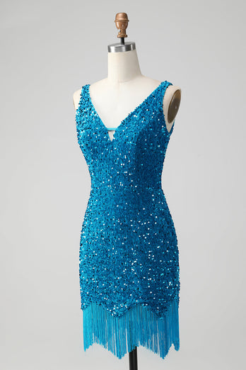 Sparkly Sage Bodycon V-hals pailletten korte Homecoming jurk met kwastje