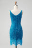 Afbeelding in Gallery-weergave laden, Sprankelende donkerblauwe bodycon V-hals pailletten korte Homecoming jurk met kwast