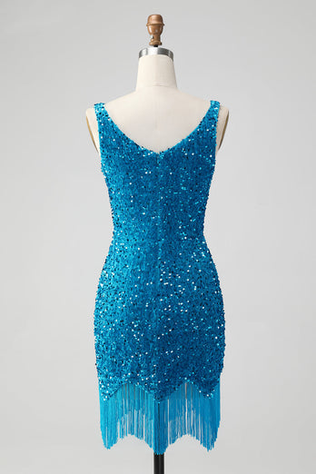 Sprankelende donkerblauwe bodycon V-hals pailletten korte Homecoming jurk met kwast