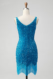 Sparkly Sage Bodycon V-hals pailletten korte Homecoming jurk met kwastje