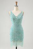 Sparkly Sage Bodycon V-hals pailletten korte Homecoming jurk met kwastje