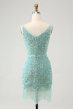 Sparkly Sage Bodycon V-hals pailletten korte Homecoming jurk met kwastje