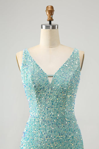 Sparkly Sage Bodycon V-hals pailletten korte Homecoming jurk met kwastje