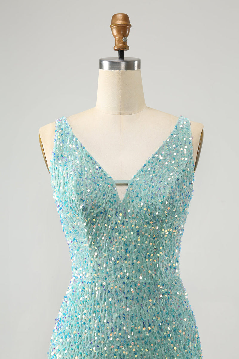 Afbeelding in Gallery-weergave laden, Sparkly Sage Bodycon V-hals pailletten korte Homecoming jurk met kwastje
