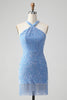 Afbeelding in Gallery-weergave laden, Sprankelende koningsblauwe Bodycon Halter pailletten korte Homecoming jurk met kwastje