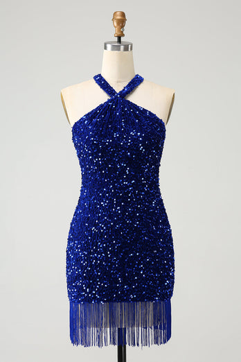 Sprankelende koningsblauwe Bodycon Halter pailletten korte Homecoming jurk met kwastje