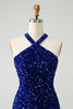 Afbeelding in Gallery-weergave laden, Sprankelende koningsblauwe Bodycon Halter pailletten korte Homecoming jurk met kwastje