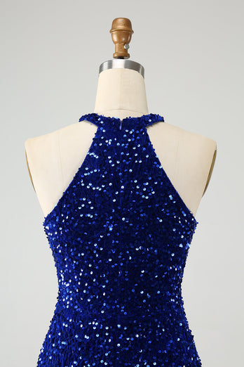 Sprankelende koningsblauwe Bodycon Halter pailletten korte Homecoming jurk met kwastje