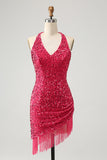 Sprankelende Fuchsia pailletten Halter korte Bodycon Homecoming jurk met kwastjes