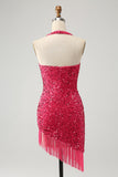 Sprankelende Fuchsia pailletten Halter korte Bodycon Homecoming jurk met kwastjes