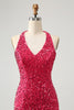 Afbeelding in Gallery-weergave laden, Sprankelende Fuchsia pailletten Halter korte Bodycon Homecoming jurk met kwastjes
