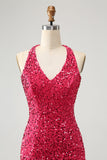 Sprankelende Fuchsia pailletten Halter korte Bodycon Homecoming jurk met kwastjes