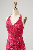 Sprankelende Fuchsia pailletten Halter korte Bodycon Homecoming jurk met kwastjes