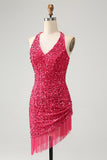 Sprankelende Fuchsia pailletten Halter korte Bodycon Homecoming jurk met kwastjes