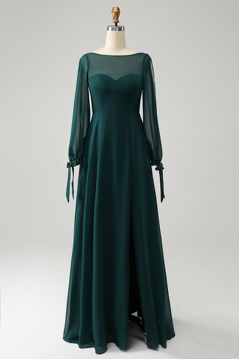 Afbeelding in Gallery-weergave laden, A Line donkergroene Bateau hals chiffon bruidsmeisje jurk met split