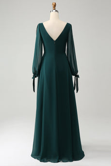 A Line donkergroene Bateau hals chiffon bruidsmeisje jurk met split