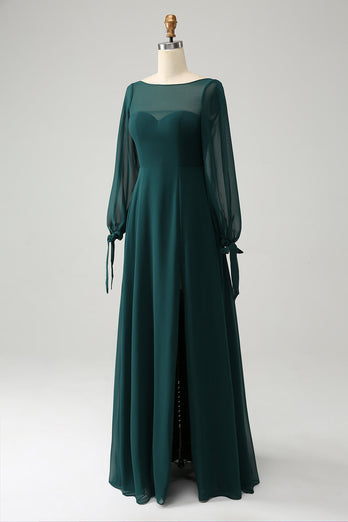 A Line donkergroene Bateau hals chiffon bruidsmeisje jurk met split