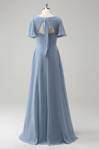 Grijs blauwe V-hals Puff Chiffon lange bruidsmeisje jurk met holle rug