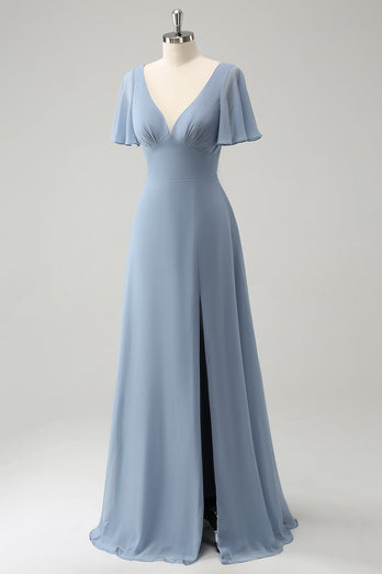 Grijs blauwe V-hals Puff Chiffon lange bruidsmeisje jurk met holle rug