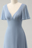 Afbeelding in Gallery-weergave laden, Grijs blauwe V-hals Puff Chiffon lange bruidsmeisje jurk met holle rug