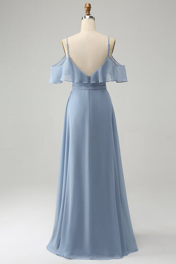 Grijs blauwe spaghettibandjes V-hals chiffon bruidsmeisje jurk met split