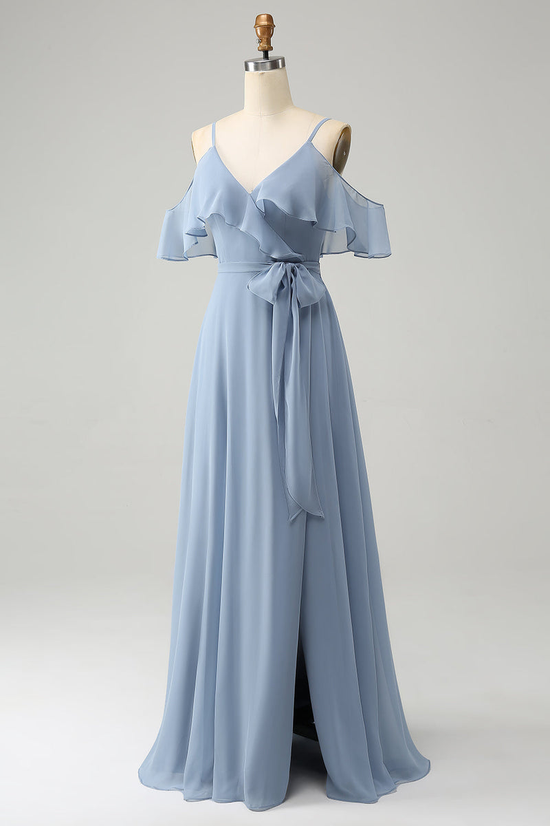Afbeelding in Gallery-weergave laden, Grijs blauwe spaghettibandjes V-hals chiffon bruidsmeisje jurk met split