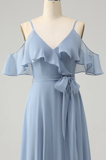 Grijs blauwe spaghettibandjes V-hals chiffon bruidsmeisje jurk met split