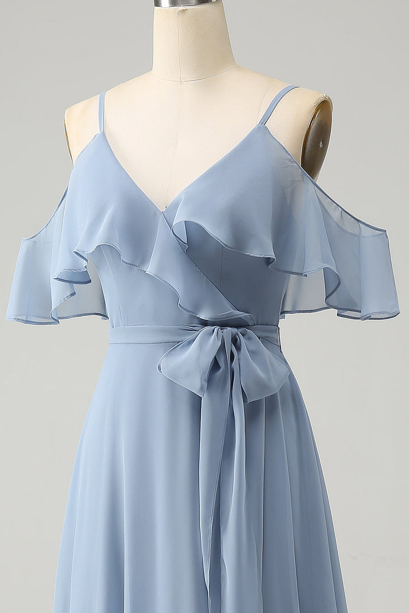 Afbeelding in Gallery-weergave laden, Grijs blauwe spaghettibandjes V-hals chiffon bruidsmeisje jurk met split
