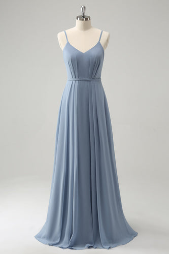 Grijs blauw chiffon korset A lijn spaghettibandjes geplooide lange bruidsmeisje jurk