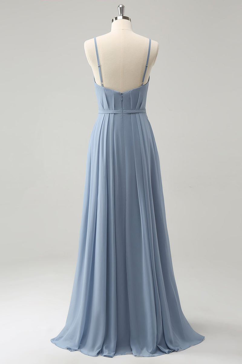 Afbeelding in Gallery-weergave laden, Grijs blauw chiffon korset A lijn spaghettibandjes geplooide lange bruidsmeisje jurk