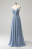 Afbeelding in Gallery-weergave laden, Grijs blauw chiffon korset A lijn spaghettibandjes geplooide lange bruidsmeisje jurk