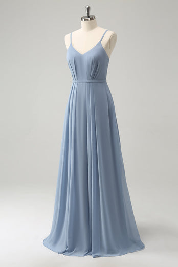 Grijs blauw chiffon korset A lijn spaghettibandjes geplooide lange bruidsmeisje jurk