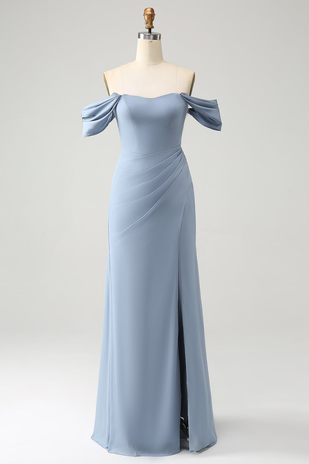 Grijs blauwe zeemeermin Off the Shoulder chiffon lange bruidsmeisje jurk met split