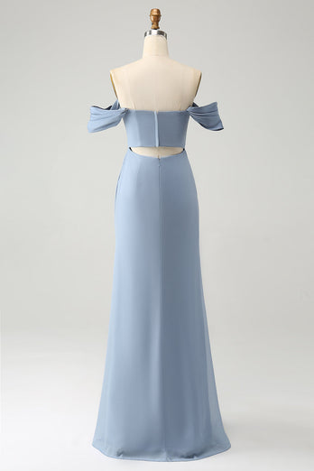 Grijs blauwe zeemeermin Off the Shoulder chiffon lange bruidsmeisje jurk met split
