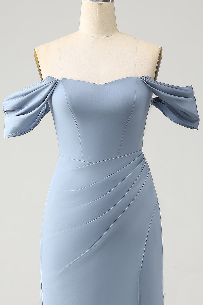 Afbeelding in Gallery-weergave laden, Grijs blauwe zeemeermin Off the Shoulder chiffon lange bruidsmeisje jurk met split