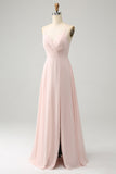 Roze A Line V-hals Chiffon lange bruidsmeisjesjurk met split