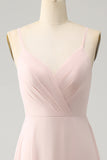 Roze A Line V-hals Chiffon lange bruidsmeisjesjurk met split