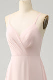 Roze A Line V-hals Chiffon lange bruidsmeisjesjurk met split