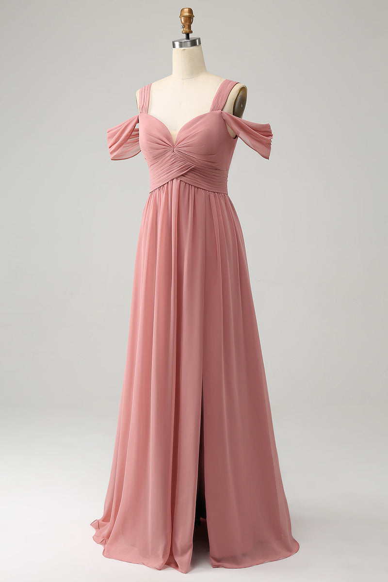 Afbeelding in Gallery-weergave laden, Chiffon rode A lijn spaghetti bandjes geplooide bruidsmeisje jurk met split