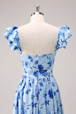 Blauwe Off The Shoulder Floral A Line Bruidsmeisjesjurk