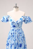 Blauwe Off The Shoulder Floral A Line Bruidsmeisjesjurk