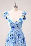 Blauwe Off The Shoulder Floral A Line Bruidsmeisjesjurk