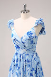 Blauwe Off The Shoulder Floral A Line Bruidsmeisjesjurk