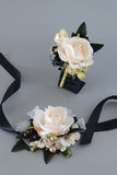 Luxe Zwart Wit Homecoming Pols Corsage en Heren Boutonnière Set