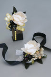 Luxe Zwart Wit Homecoming Pols Corsage en Heren Boutonnière Set