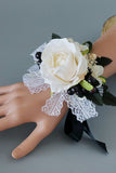 Luxe Zwart Wit Homecoming Pols Corsage en Heren Boutonnière Set