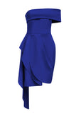 Blauwe Bodycon Strapless Effen Asymmetrische Cocktail Party Jurk