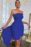 Blauwe Bodycon Strapless Effen Asymmetrische Cocktail Party Jurk