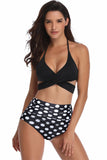 Zwart-wit Polka Dots Halter Criss Cross Tweedelige Bikini Badpak