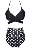 Zwart-wit Polka Dots Halter Criss Cross Tweedelige Bikini Badpak